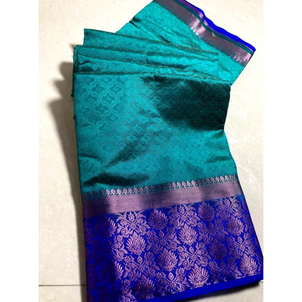 Women's Kanjivaram Silk Saree With Unstitched Blouse Piece (Turquoise Green, 5-6 Mtrs)