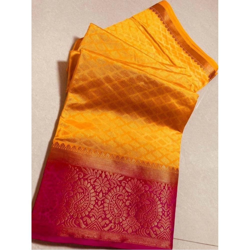 Women's Kanjivaram Silk Saree With Unstitched Blouse Piece (Yellow, 5-6 Mtrs)