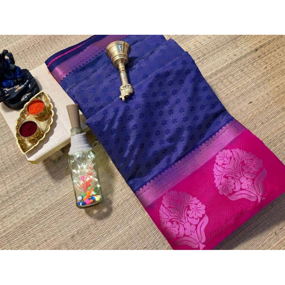 Women's Kanjivaram Silk Saree With Unstitched Blouse Piece (Navy Blue, 5-6 Mtrs)