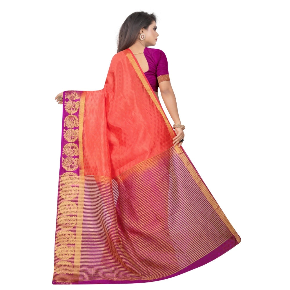 Women's Kanjivaram Silk Saree With Unstitched Blouse Piece (Peach, 5-6 Mtrs)