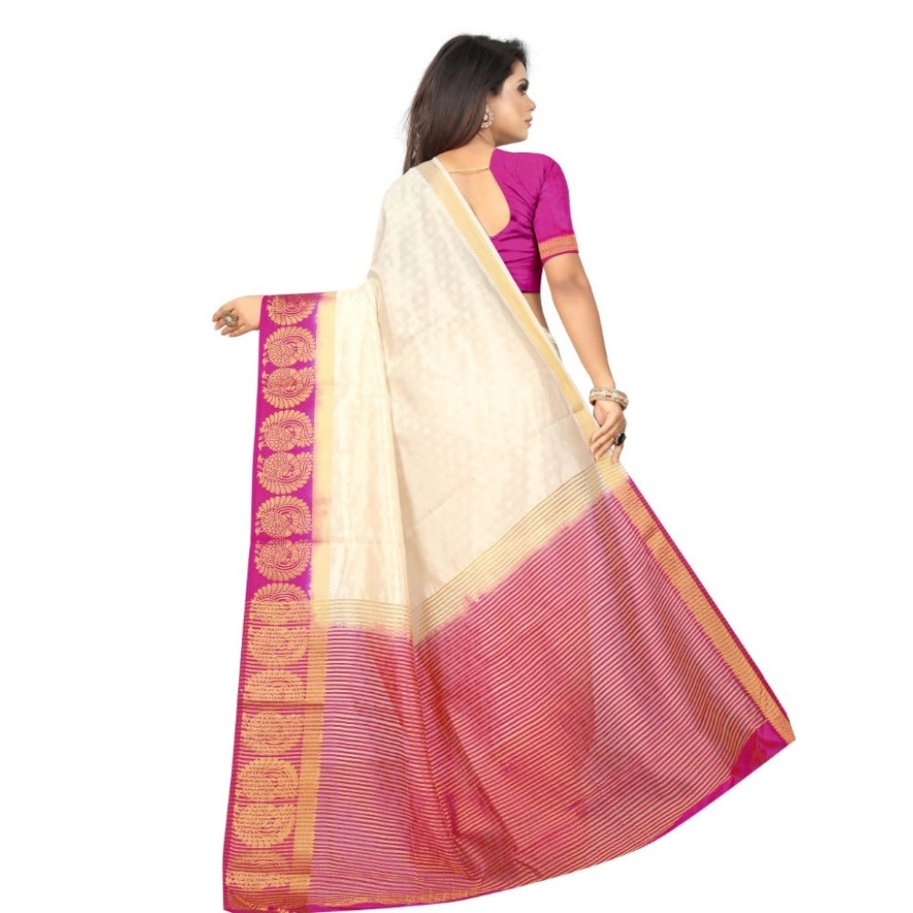 Women's Kanjivaram Silk Saree With Unstitched Blouse Piece (White, 5-6 Mtrs)