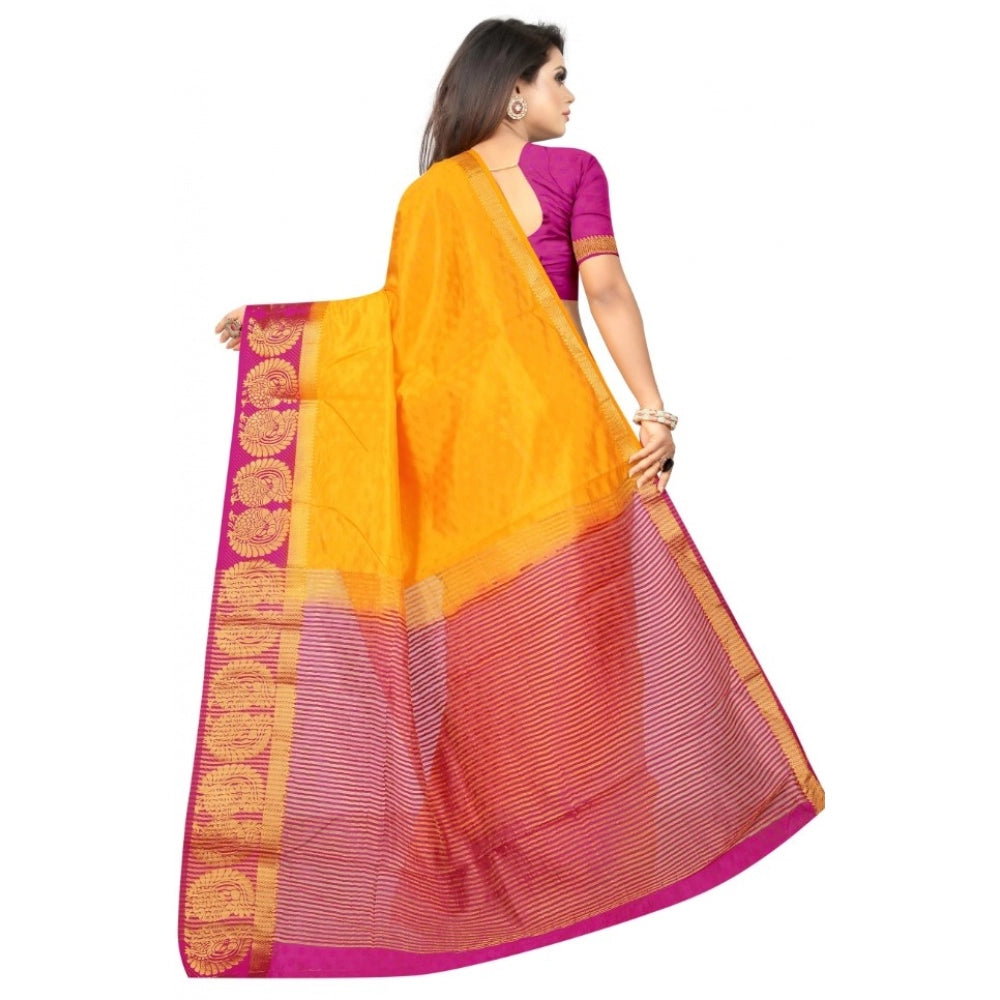 Women's Kanjivaram Silk Saree With Unstitched Blouse Piece (Yellow, 5-6 Mtrs)