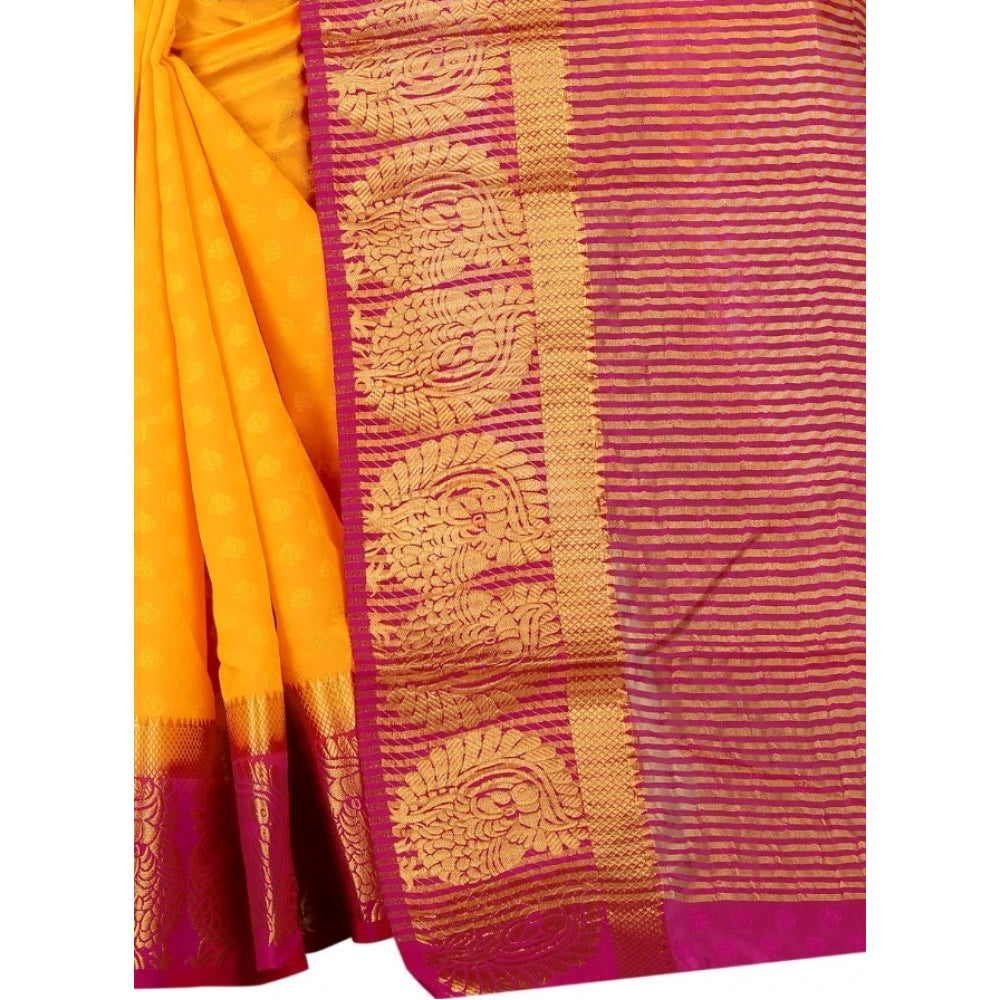 Women's Kanjivaram Silk Saree With Unstitched Blouse Piece (Yellow, 5-6 Mtrs)