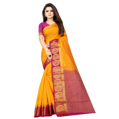 Women's Kanjivaram Silk Saree With Unstitched Blouse Piece (Yellow, 5-6 Mtrs)