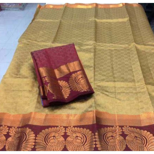 Women's Kanjivaram Silk Saree With Unstitched Blouse Piece (Beige, 5-6 Mtrs)