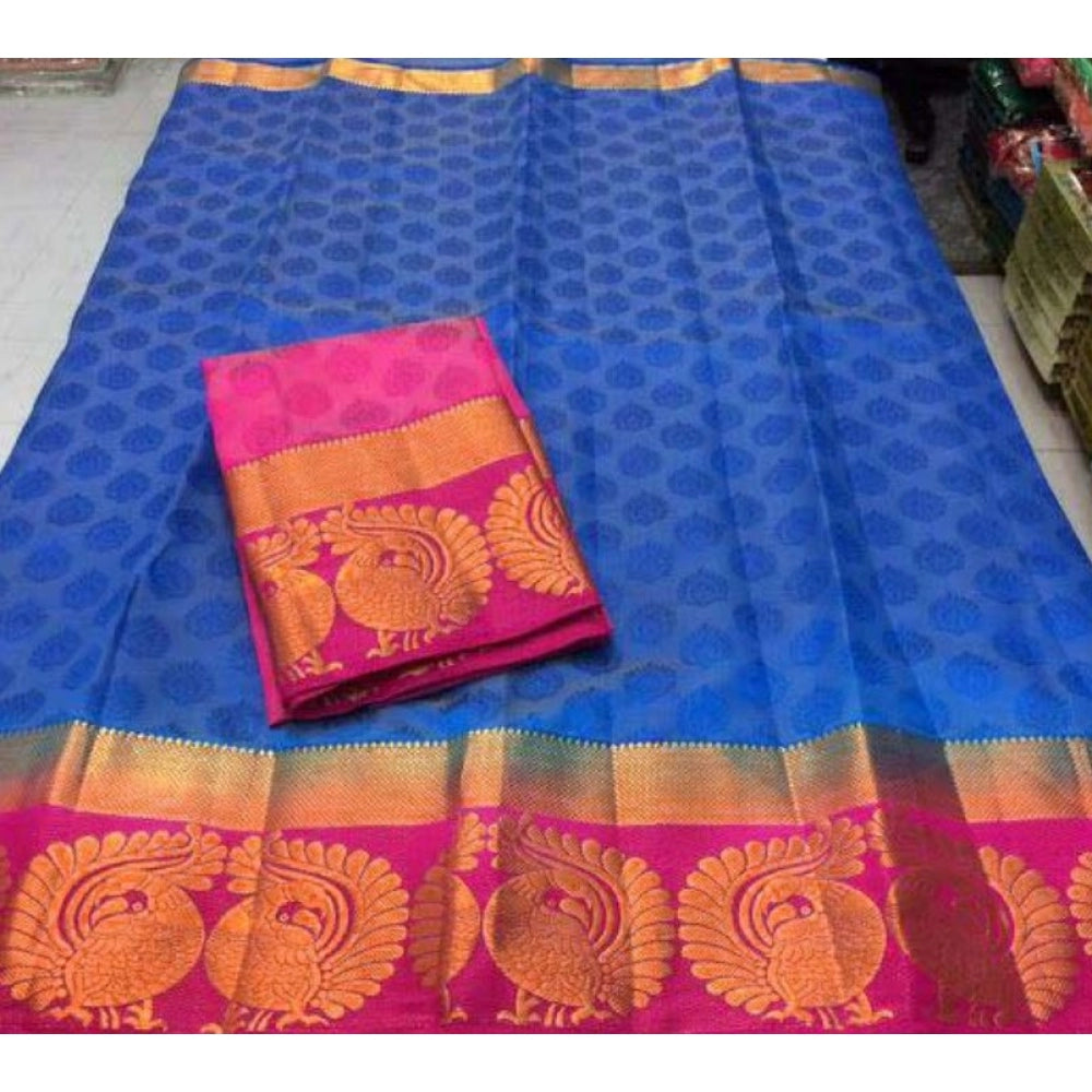 Women's Kanjivaram Silk Saree With Unstitched Blouse Piece (Blue, 5-6 Mtrs)