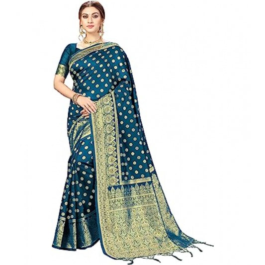 Women's Floral Pattern Jacquard Woven Banarasi Art Silk Saree With Unstitched Blouse Piece (Teal Blue, 5-6mtrs)