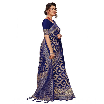 Women's Damask Pattern Jacquard Woven Banarasi Art Silk Saree With Unstitched Blouse Piece (Blue, 5-6mtrs)