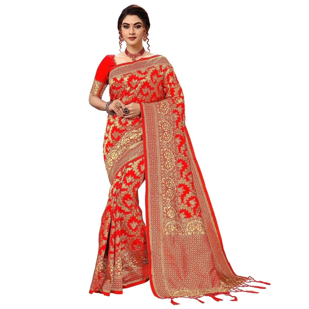 Women's Damask Pattern Jacquard Woven Banarasi Art Silk Saree With Unstitched Blouse Piece (Red, 5-6mtrs)