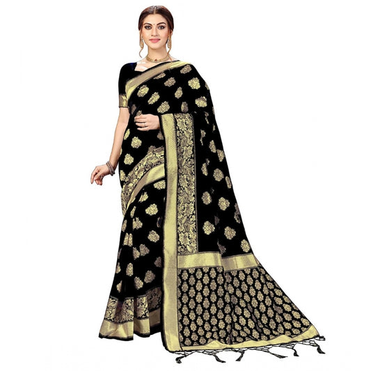 Women's Kanjivaram Style Floral design Jacquard Zari Woven Banarasi Art Silk Saree With Unstitched Blouse Piece (Black, 5-6mtrs)