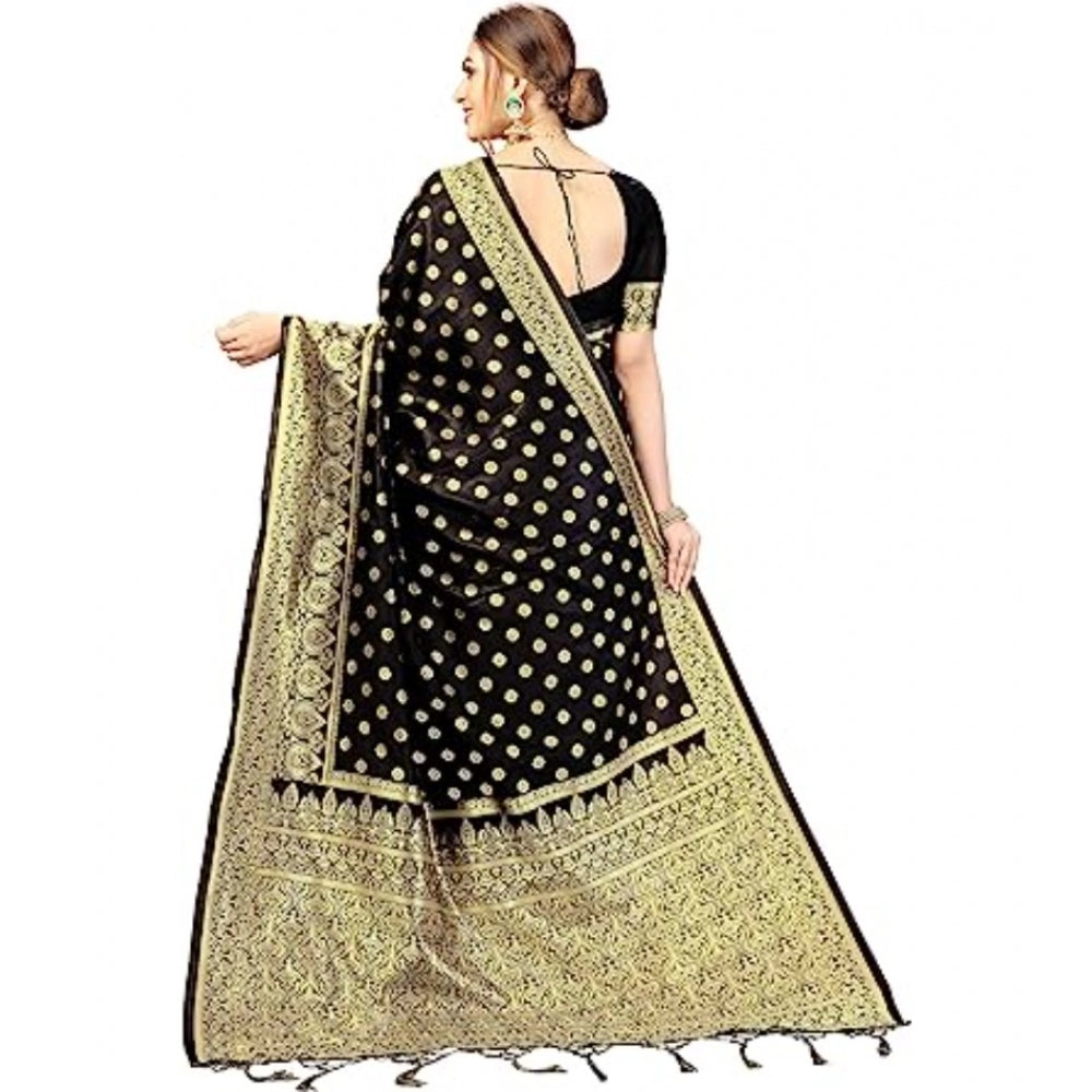 Women's Floral Pattern Jacquard Woven Banarasi Art Silk Saree With Unstitched Blouse Piece (Black, 5-6mtrs)