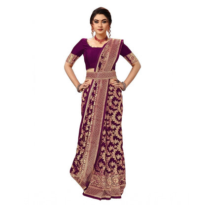 Women's Damask Pattern Jacquard Woven Banarasi Art Silk Saree With Unstitched Blouse Piece (Purple, 5-6mtrs)