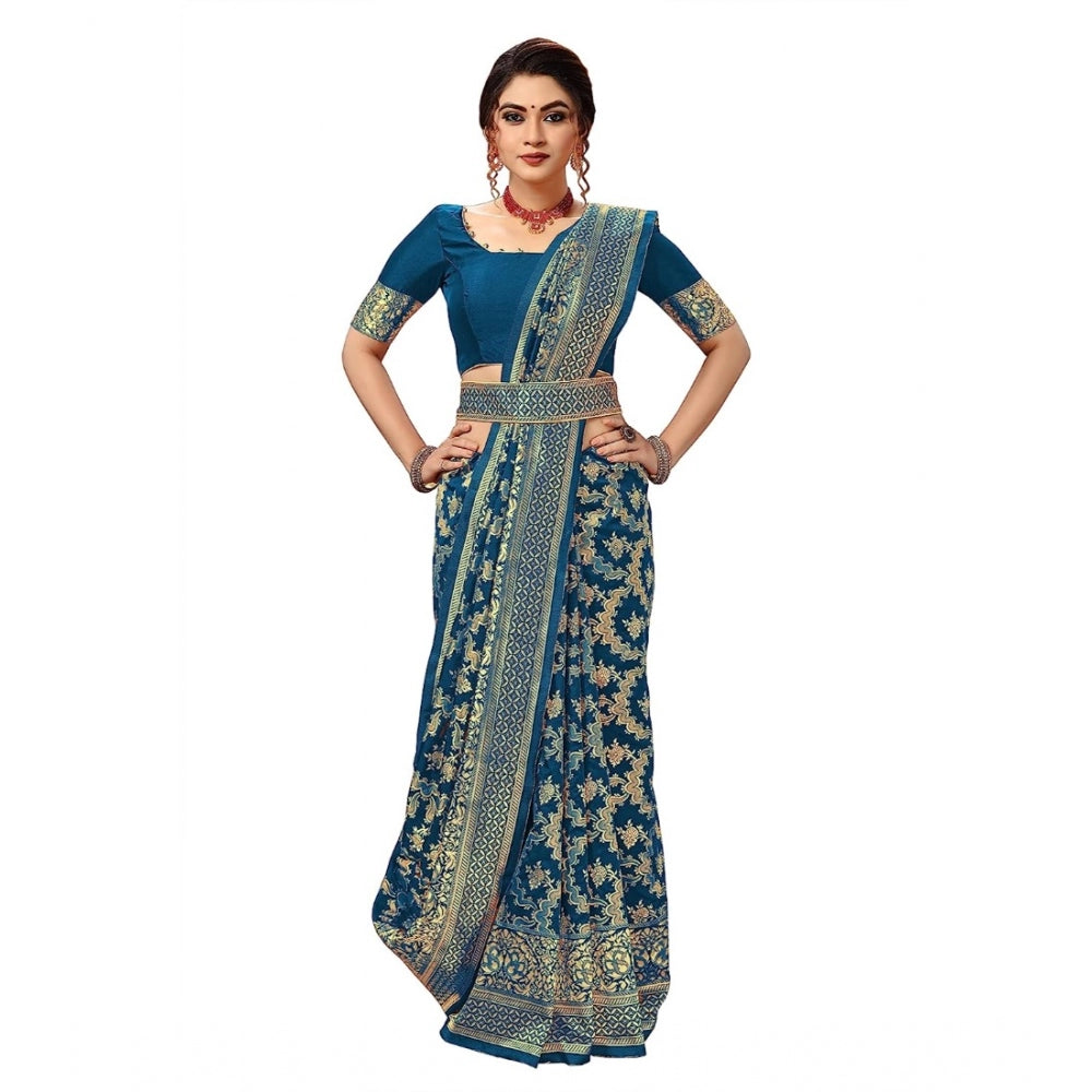 Women's Damask Pattern Jacquard Woven Banarasi Art Silk Saree With Unstitched Blouse Piece (Teal Blue, 5-6mtrs)