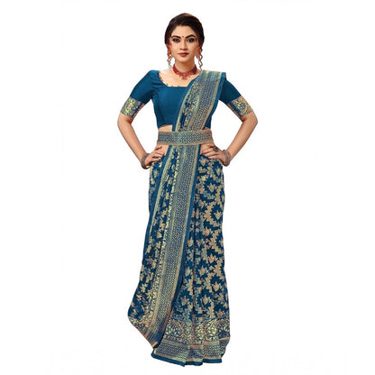 Women's Damask Pattern Jacquard Woven Banarasi Art Silk Saree With Unstitched Blouse Piece (Teal Blue, 5-6mtrs)