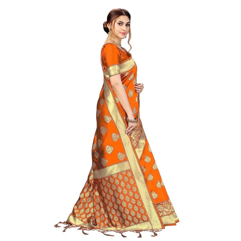 Women's Kanjivaram Style Floral design Jacquard Zari Woven Banarasi Art Silk Saree With Unstitched Blouse Piece (Orange, 5-6mtrs)