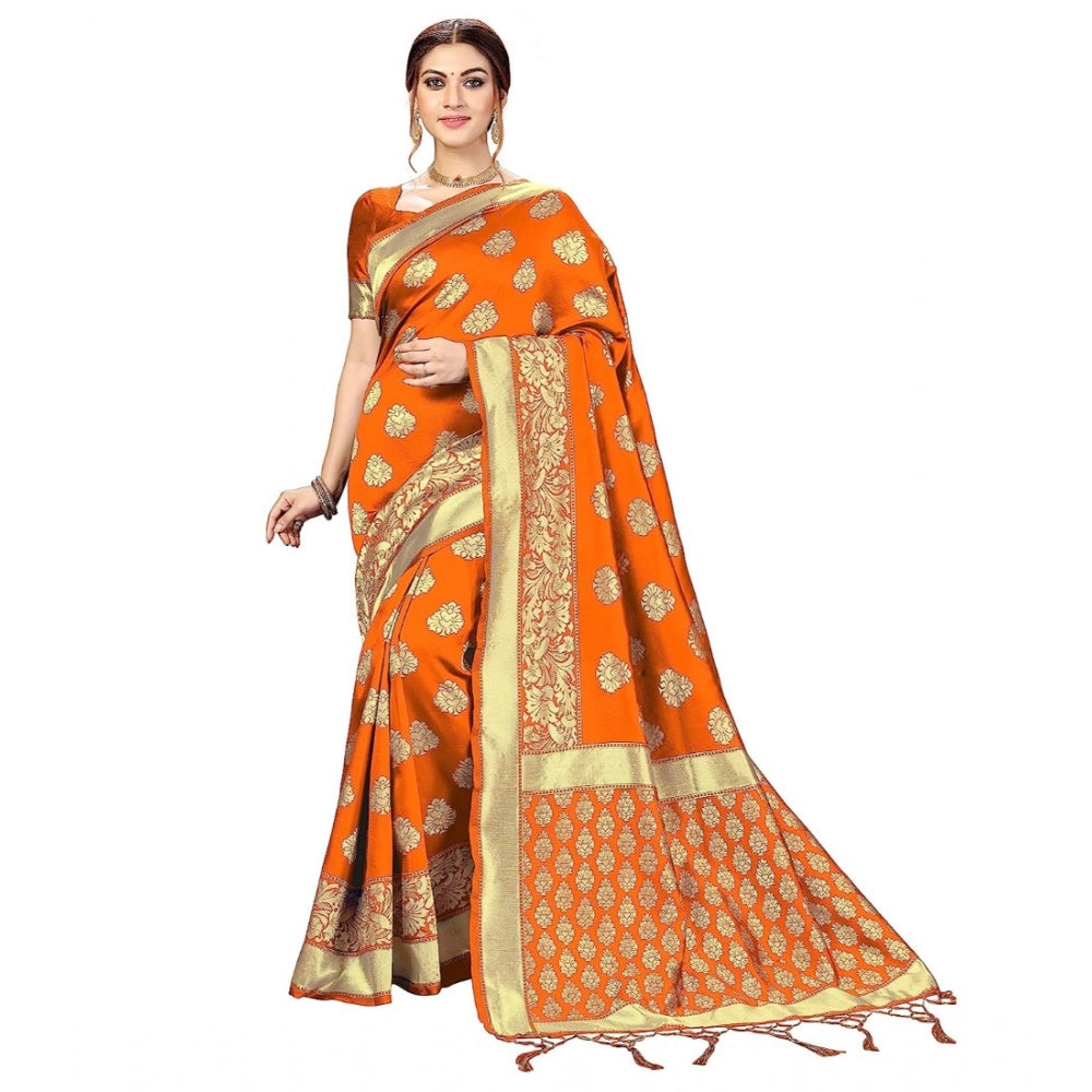 Women's Kanjivaram Style Floral design Jacquard Zari Woven Banarasi Art Silk Saree With Unstitched Blouse Piece (Orange, 5-6mtrs)