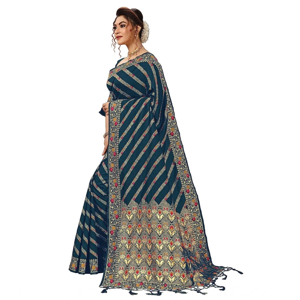 Women's Floral Striped Pattern Jacquard Woven Banarasi Art Silk Saree With Unstitched Blouse Piece (Teal Blue, 5-6mtrs)