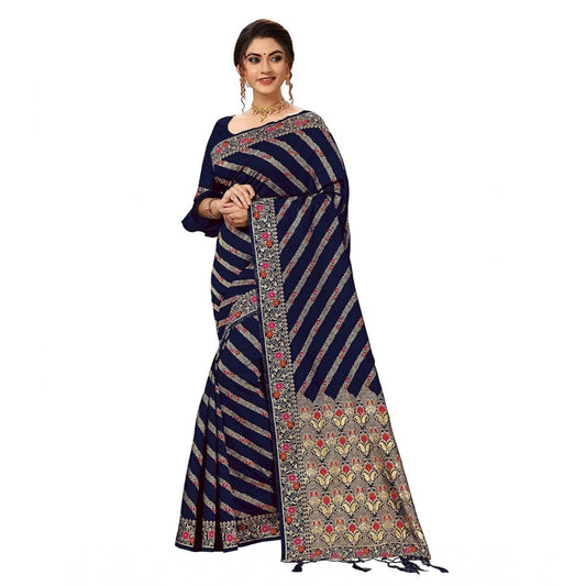 Women's Floral Striped Pattern Jacquard Woven Banarasi Art Silk Saree With Unstitched Blouse Piece (Blue, 5-6mtrs)