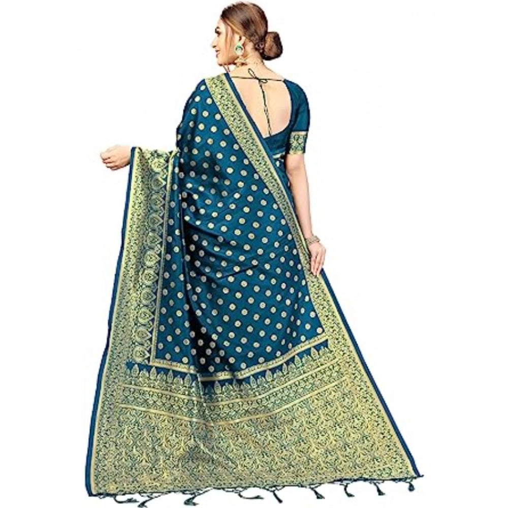 Women's Floral Pattern Jacquard Woven Banarasi Art Silk Saree With Unstitched Blouse Piece (Teal Blue, 5-6mtrs)