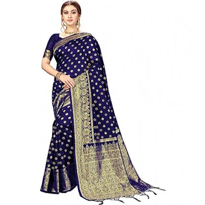 Women's Floral Pattern Jacquard Woven Banarasi Art Silk Saree With Unstitched Blouse Piece (Blue, 5-6mtrs)