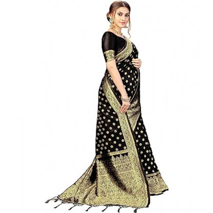 Women's Floral Pattern Jacquard Woven Banarasi Art Silk Saree With Unstitched Blouse Piece (Black, 5-6mtrs)