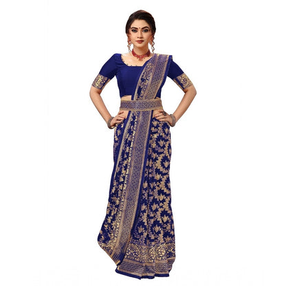 Women's Damask Pattern Jacquard Woven Banarasi Art Silk Saree With Unstitched Blouse Piece (Blue, 5-6mtrs)