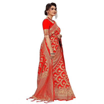 Women's Damask Pattern Jacquard Woven Banarasi Art Silk Saree With Unstitched Blouse Piece (Red, 5-6mtrs)