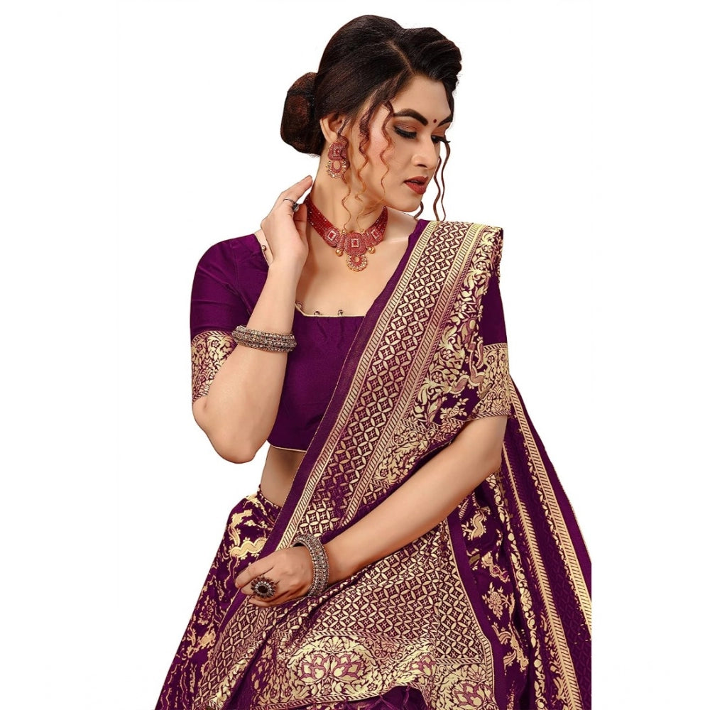 Women's Damask Pattern Jacquard Woven Banarasi Art Silk Saree With Unstitched Blouse Piece (Purple, 5-6mtrs)