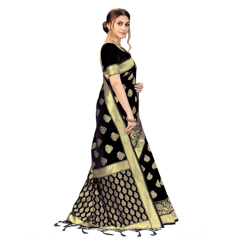 Women's Kanjivaram Style Floral design Jacquard Zari Woven Banarasi Art Silk Saree With Unstitched Blouse Piece (Black, 5-6mtrs)