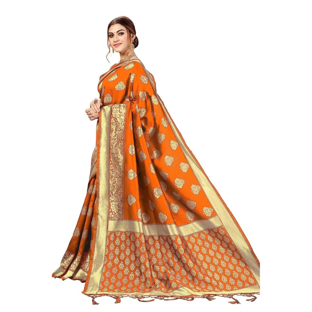 Women's Kanjivaram Style Floral design Jacquard Zari Woven Banarasi Art Silk Saree With Unstitched Blouse Piece (Orange, 5-6mtrs)