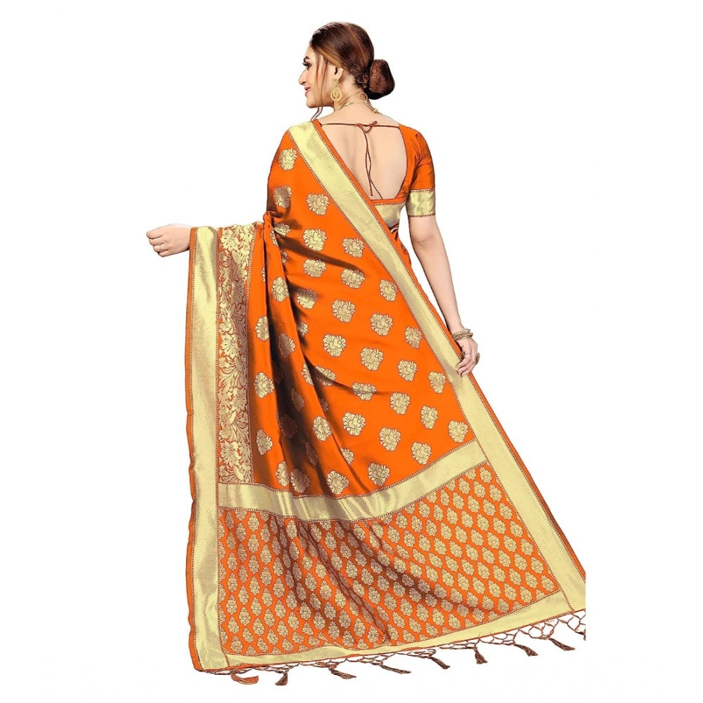 Women's Kanjivaram Style Floral design Jacquard Zari Woven Banarasi Art Silk Saree With Unstitched Blouse Piece (Orange, 5-6mtrs)