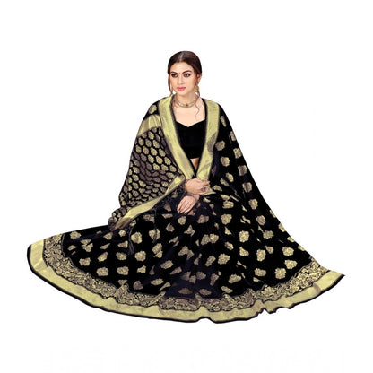 Women's Kanjivaram Style Floral design Jacquard Zari Woven Banarasi Art Silk Saree With Unstitched Blouse Piece (Black, 5-6mtrs)