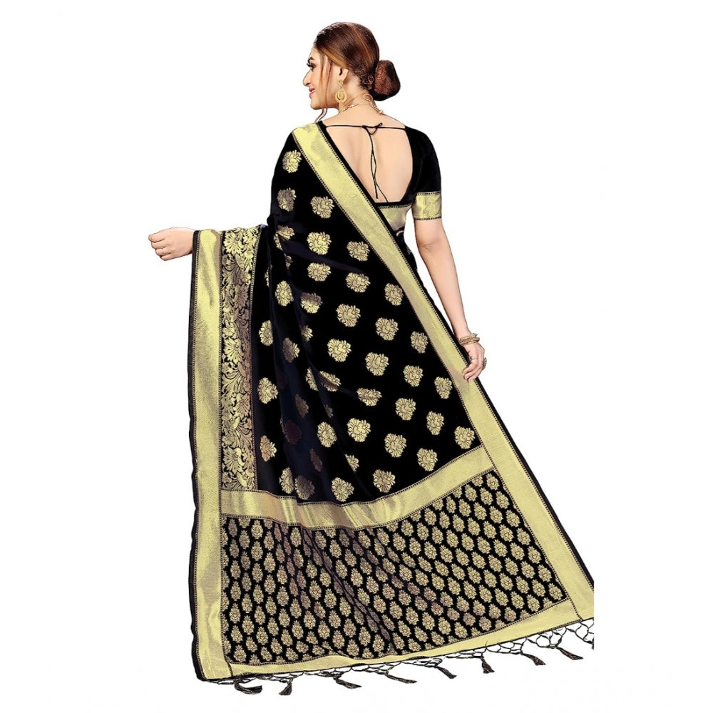 Women's Kanjivaram Style Floral design Jacquard Zari Woven Banarasi Art Silk Saree With Unstitched Blouse Piece (Black, 5-6mtrs)