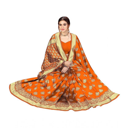 Women's Kanjivaram Style Floral design Jacquard Zari Woven Banarasi Art Silk Saree With Unstitched Blouse Piece (Orange, 5-6mtrs)