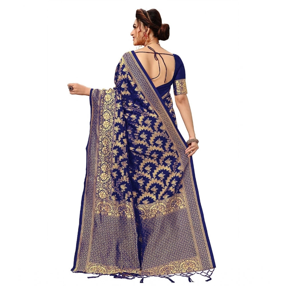 Women's Damask Pattern Jacquard Woven Banarasi Art Silk Saree With Unstitched Blouse Piece (Blue, 5-6mtrs)