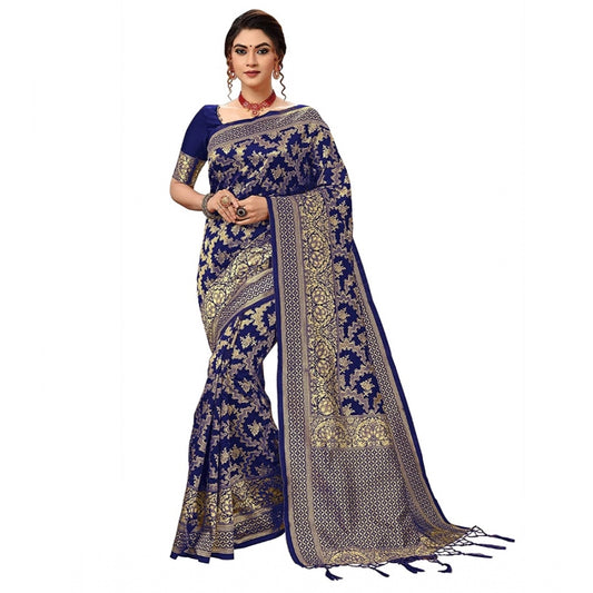 Women's Damask Pattern Jacquard Woven Banarasi Art Silk Saree With Unstitched Blouse Piece (Blue, 5-6mtrs)