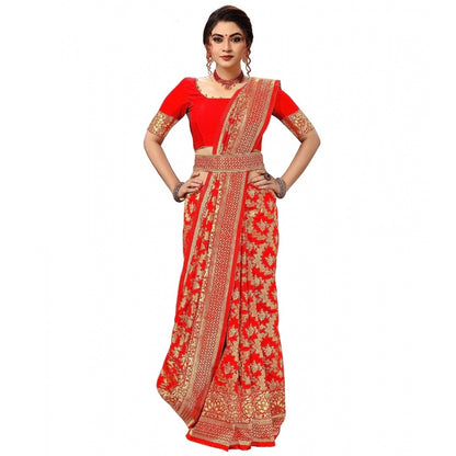 Women's Damask Pattern Jacquard Woven Banarasi Art Silk Saree With Unstitched Blouse Piece (Red, 5-6mtrs)