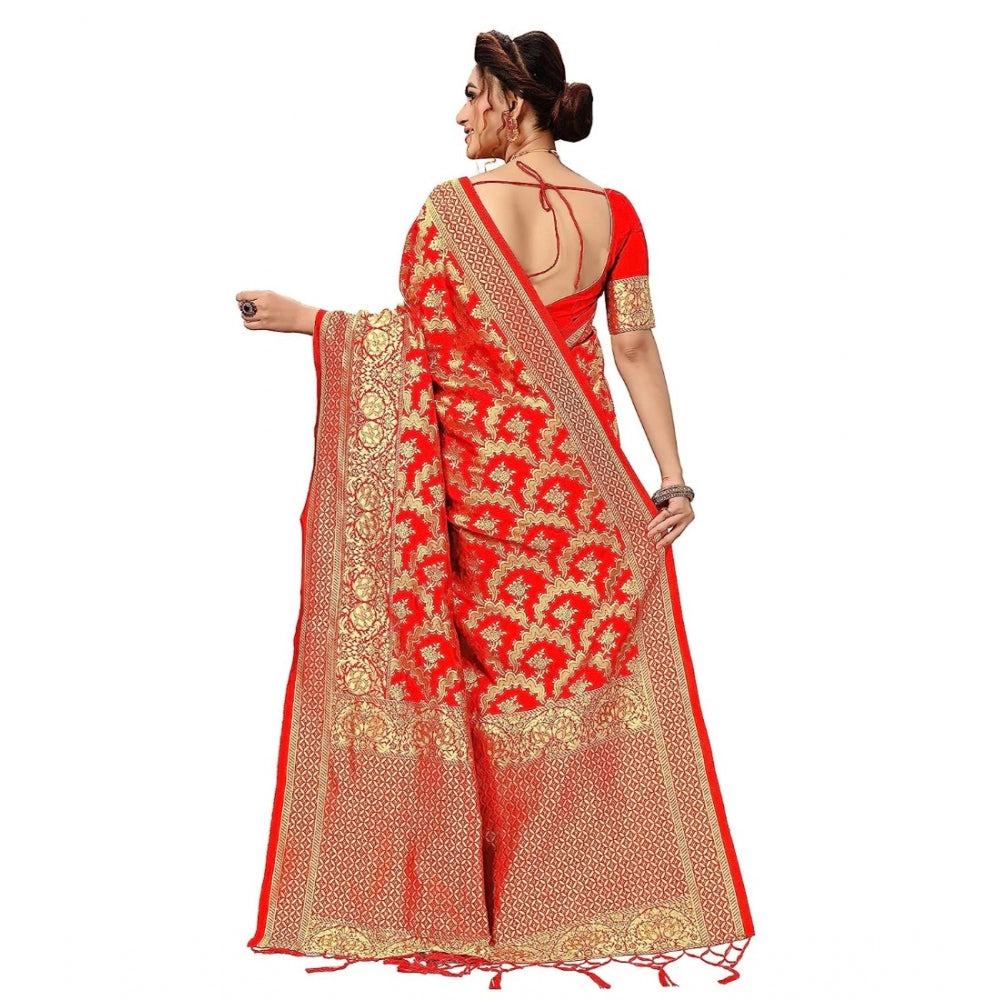 Women's Damask Pattern Jacquard Woven Banarasi Art Silk Saree With Unstitched Blouse Piece (Red, 5-6mtrs)