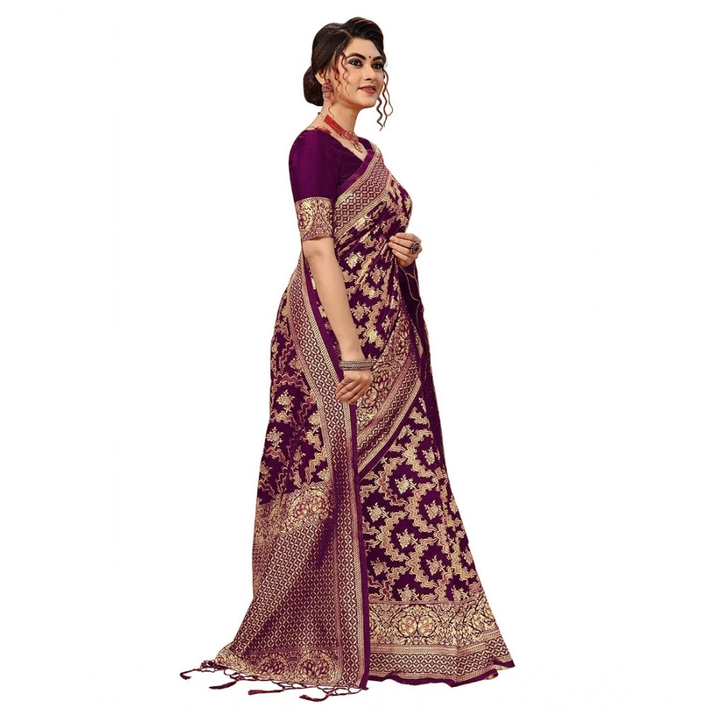 Women's Damask Pattern Jacquard Woven Banarasi Art Silk Saree With Unstitched Blouse Piece (Purple, 5-6mtrs)