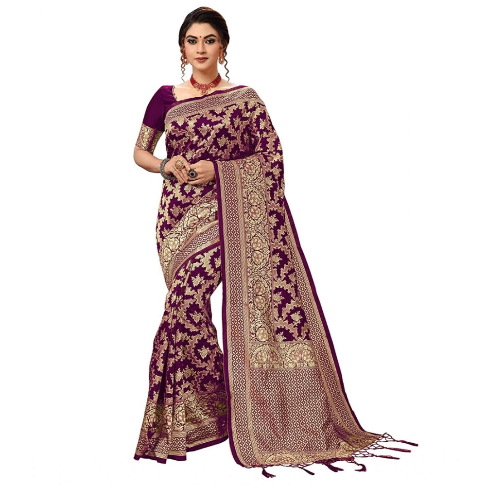 Women's Damask Pattern Jacquard Woven Banarasi Art Silk Saree With Unstitched Blouse Piece (Purple, 5-6mtrs)