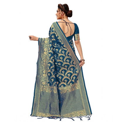 Women's Damask Pattern Jacquard Woven Banarasi Art Silk Saree With Unstitched Blouse Piece (Teal Blue, 5-6mtrs)