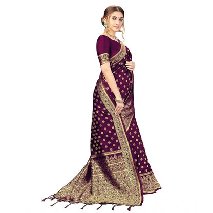 Women's Floral Pattern Jacquard Woven Banarasi Art Silk Saree With Unstitched Blouse Piece (Purple, 5-6mtrs)