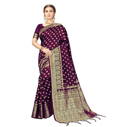 Women's Floral Pattern Jacquard Woven Banarasi Art Silk Saree With Unstitched Blouse Piece (Purple, 5-6mtrs)