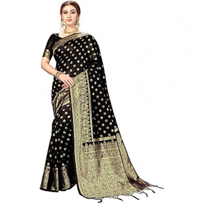 Women's Floral Pattern Jacquard Woven Banarasi Art Silk Saree With Unstitched Blouse Piece (Black, 5-6mtrs)