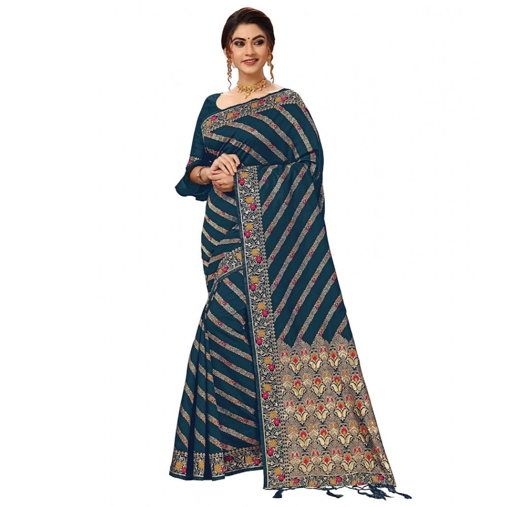 Women's Floral Striped Pattern Jacquard Woven Banarasi Art Silk Saree With Unstitched Blouse Piece (Teal Blue, 5-6mtrs)