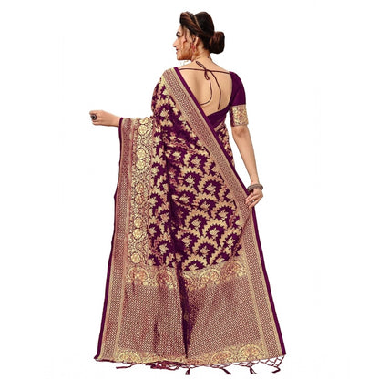 Women's Damask Pattern Jacquard Woven Banarasi Art Silk Saree With Unstitched Blouse Piece (Purple, 5-6mtrs)