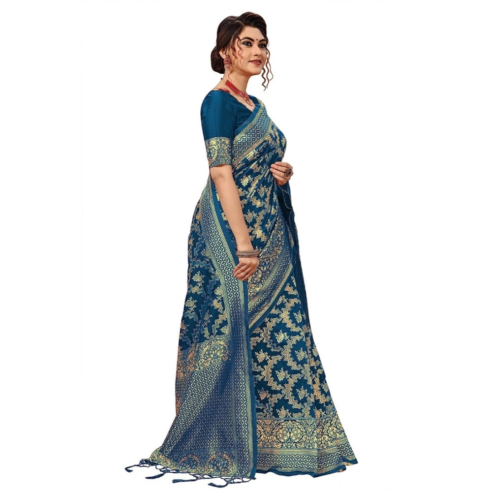 Women's Damask Pattern Jacquard Woven Banarasi Art Silk Saree With Unstitched Blouse Piece (Teal Blue, 5-6mtrs)