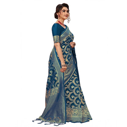 Women's Damask Pattern Jacquard Woven Banarasi Art Silk Saree With Unstitched Blouse Piece (Teal Blue, 5-6mtrs)