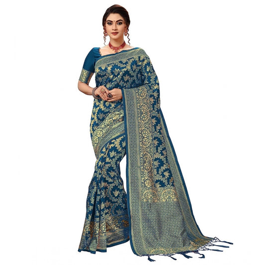 Women's Damask Pattern Jacquard Woven Banarasi Art Silk Saree With Unstitched Blouse Piece (Teal Blue, 5-6mtrs)