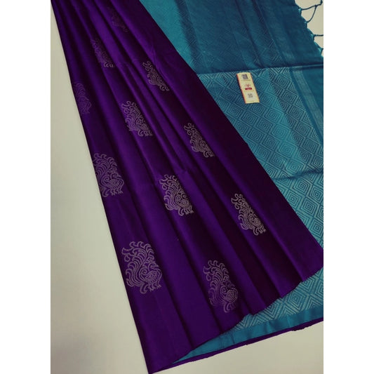 Women's Borderless Kanjivaram Silk Sarees With Unstitched Blouse (Purple)